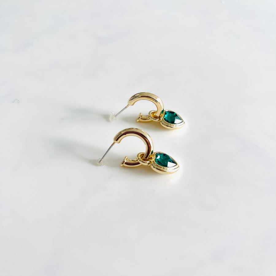 Green heart shape gem charm 
 gold hoop earrings