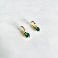 Green heart shape gem charm 
 gold hoop earrings