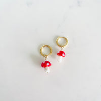 Gold plated hoop earrings with mushroom charms