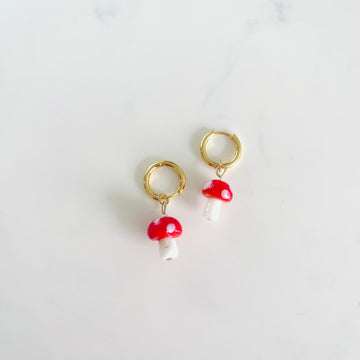 Gold plated hoop earrings with mushroom charms