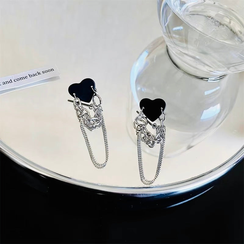 Cool black heart with silver chain drop earrings
