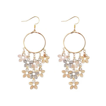 Unique 3 tone metal earrings with floral drop in silver, rose gold & matt gold
