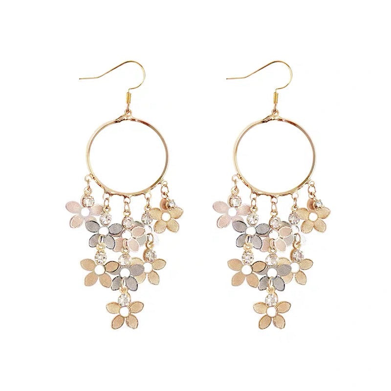 Unique 3 tone metal earrings with floral drop in silver, rose gold & matt gold