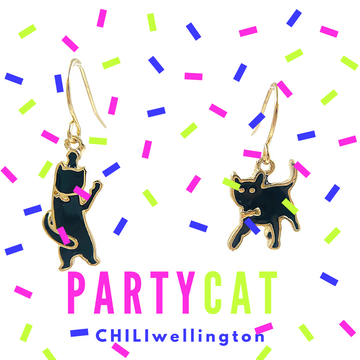 Black Party cat odd pair with gold trim drop earrings