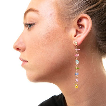 rainbow Long natural stone drop earrings in gold tone