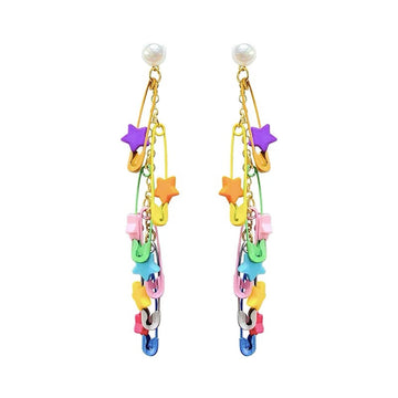Safety pins stars pearl drop earrings in pastel colours