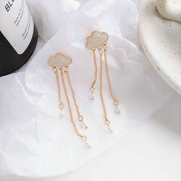 Another rainny day in Welly - Gold trimmed rain cloud Crystal / pearl drops long chain earrings