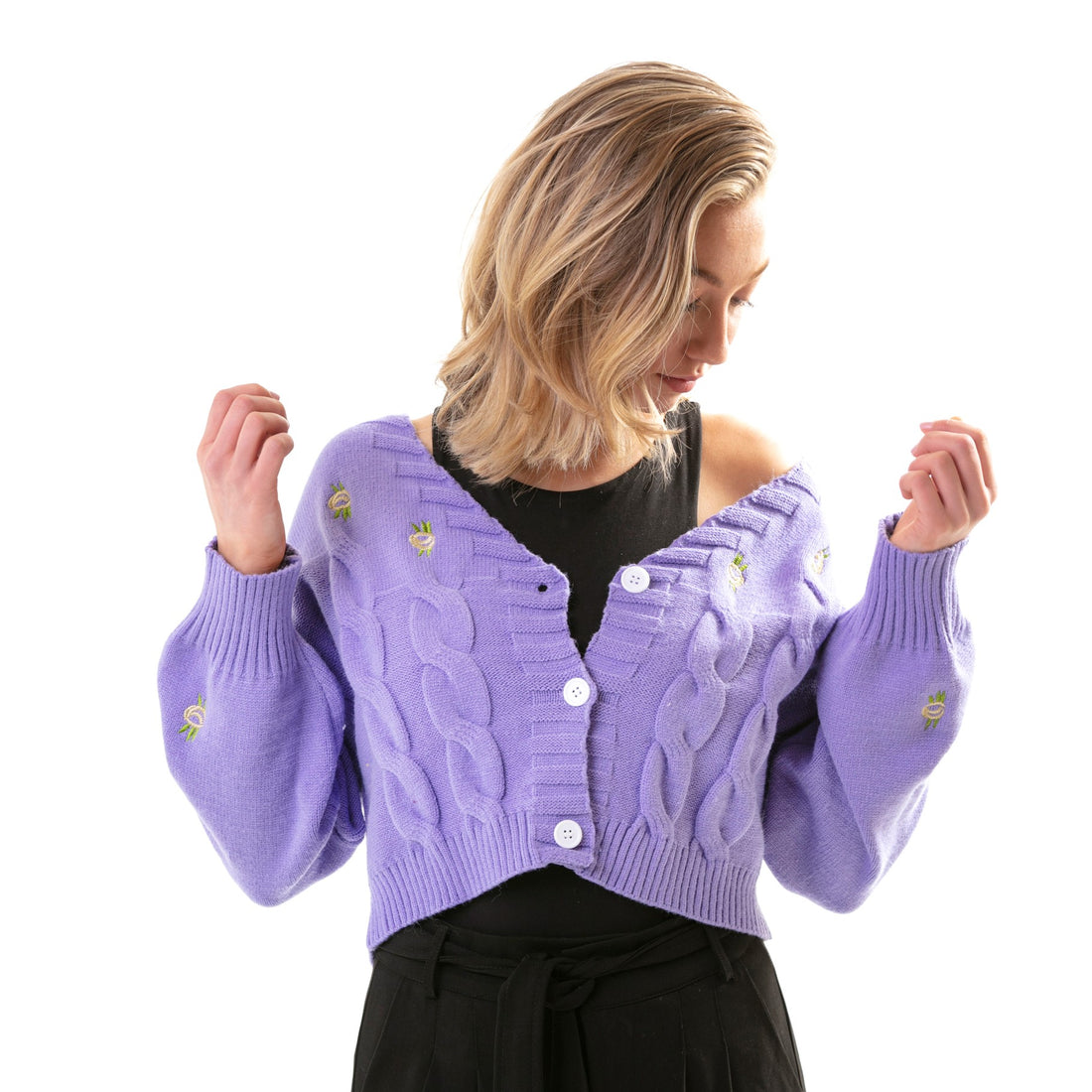 purple crop cardigan with embroidered floral