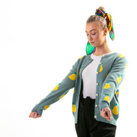 blue/ green colour with yellow pears graphic cotton cardigan