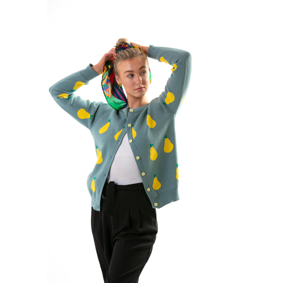 blue/ green colour with yellow pears graphic cotton cardigan