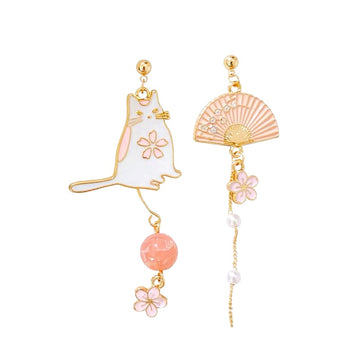 adorable odd pair pink cat with fan drop earrings