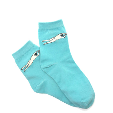Turquoise socks with naked man swimming graphic