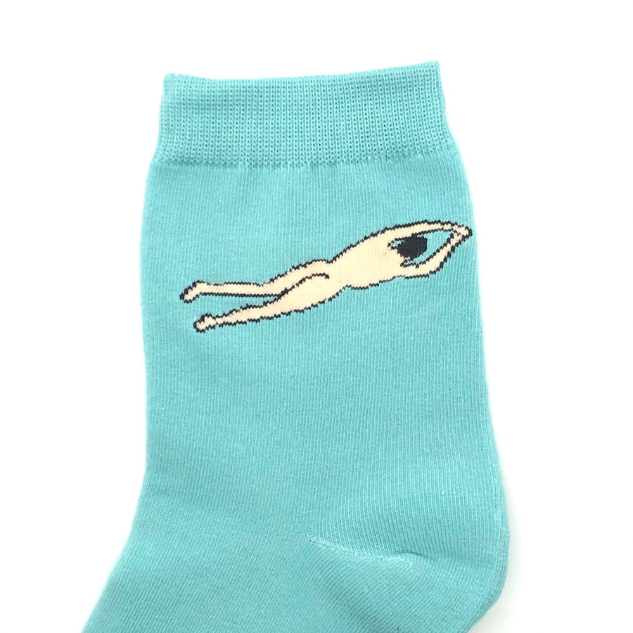 Turquoise socks with naked man swimming graphic