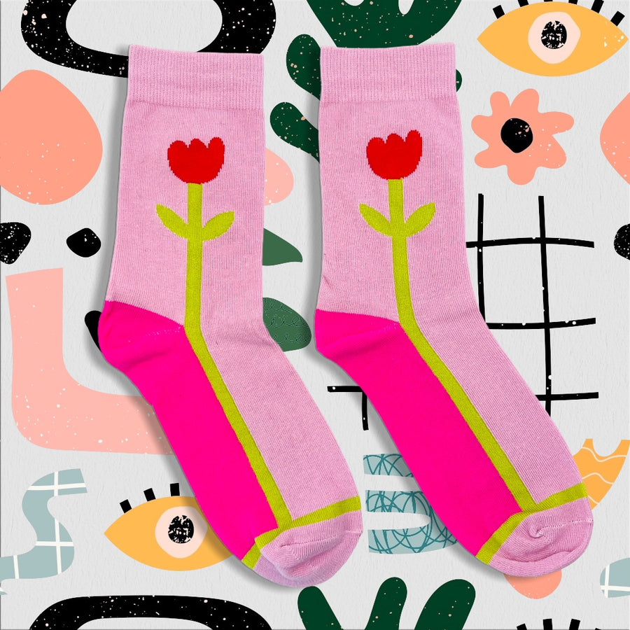 Magenta, lime green & pink socks with Tulip graphic