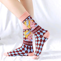 Good year socks with woman graphic & rhombus all over