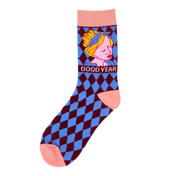Good year socks with woman graphic & rhombus all over