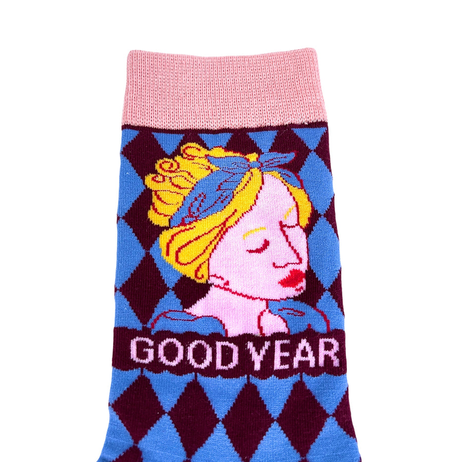 Good year socks with woman graphic & rhombus all over