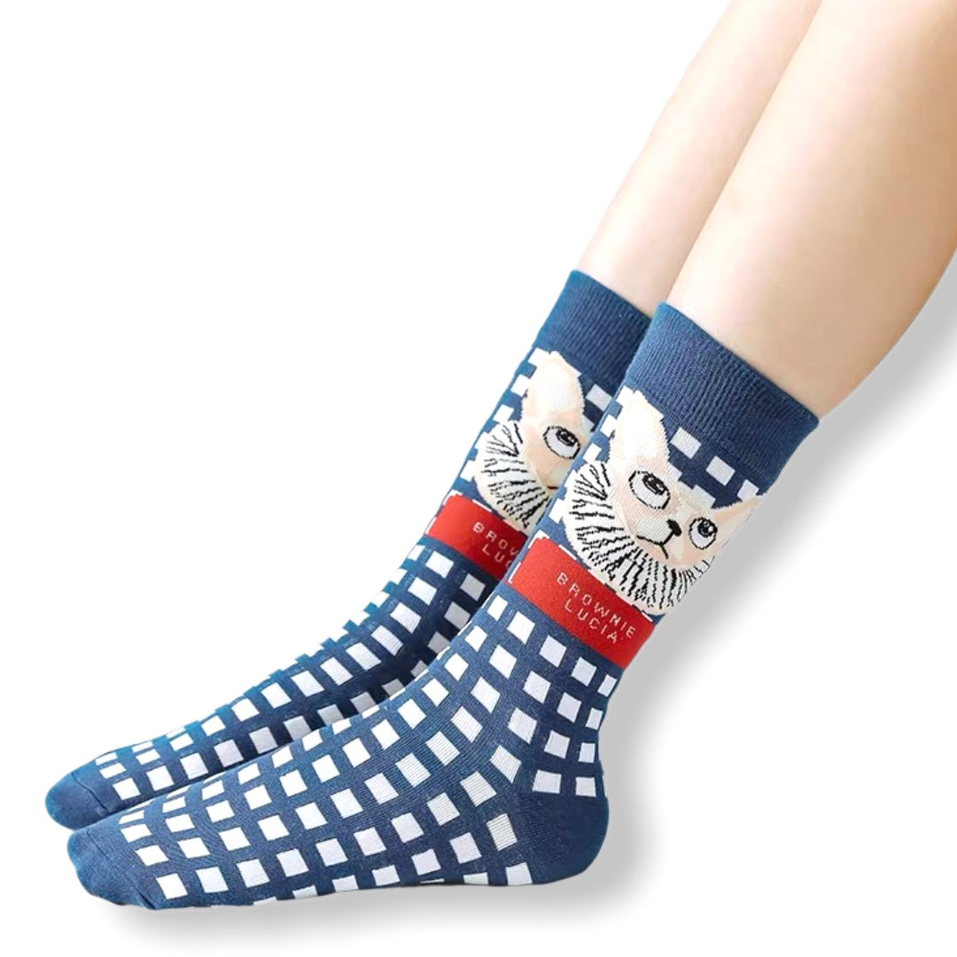 Navy check socks with King cat graphic
