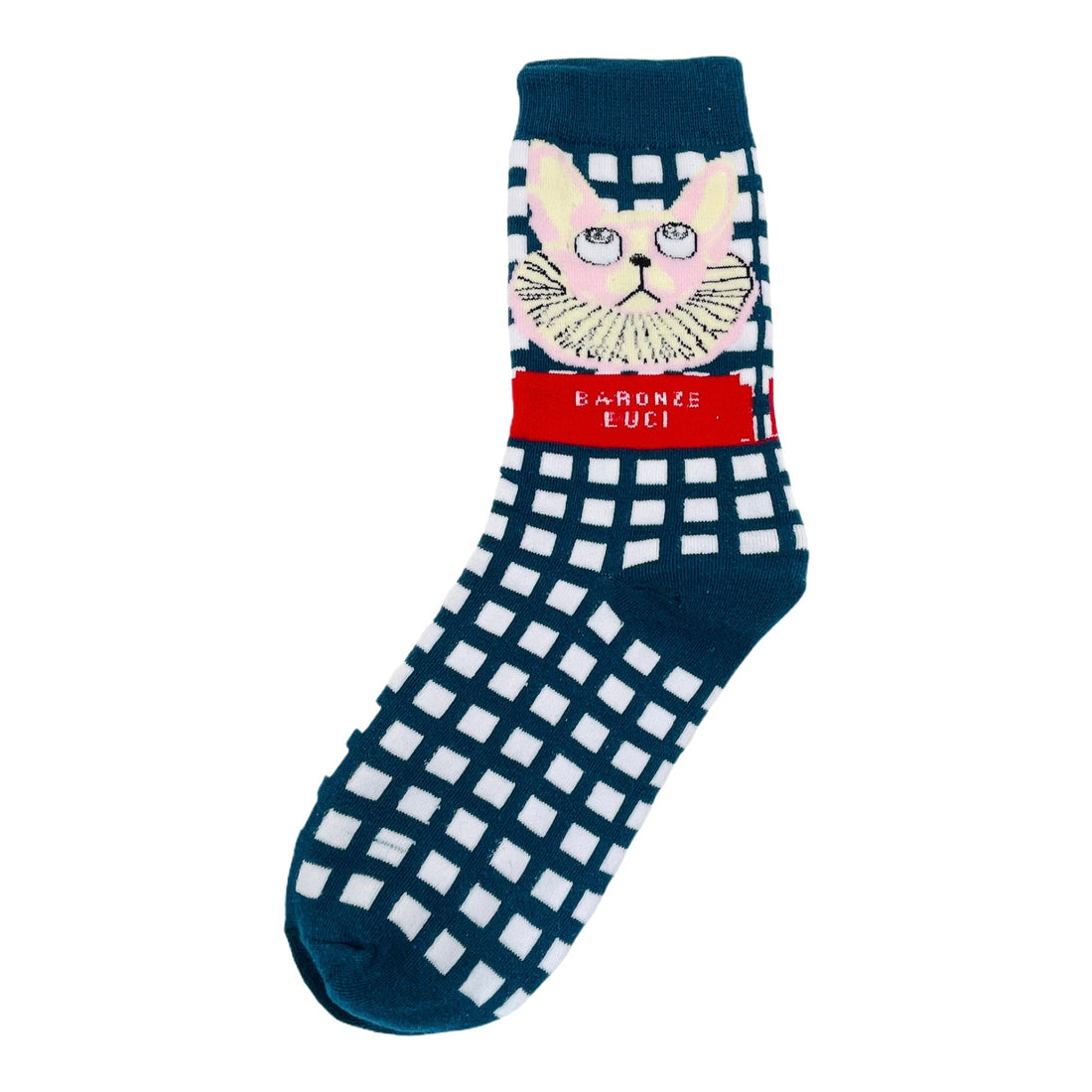 Navy check socks with King cat graphic