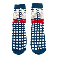 Navy check socks with King cat graphic