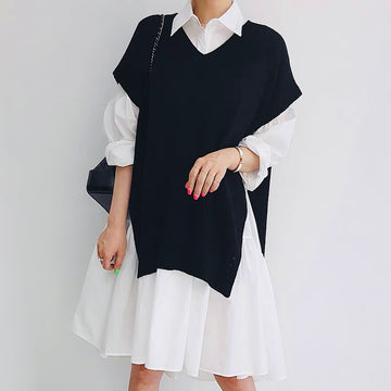 Black knit vest with white dress set