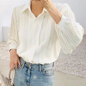 Silky pleated sleeve white shirt  with lace details