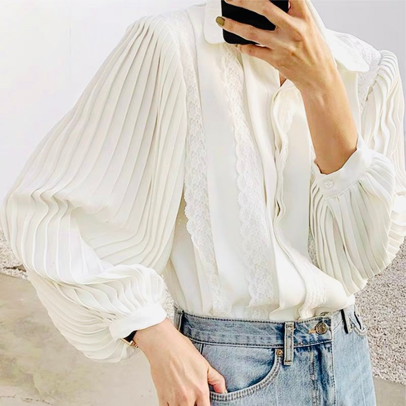 Silky pleated sleeve white shirt  with lace details