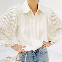 Silky pleated sleeve white shirt with lace details