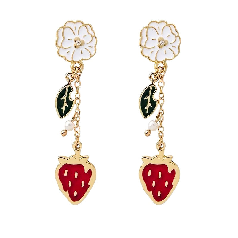 Strawberry floral drop earrings in gold tone