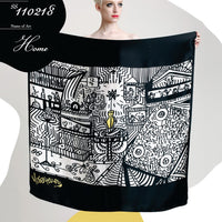 black and white abstract style with a yellow vase oversized silk scarf