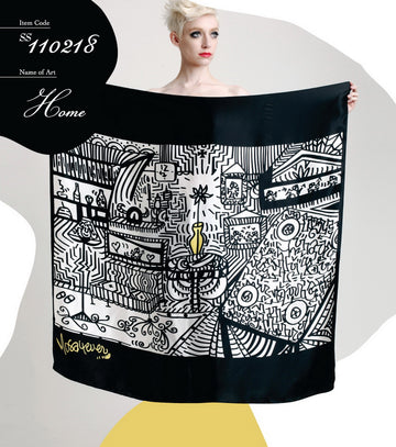 black and white abstract style with a yellow vase oversized silk scarf