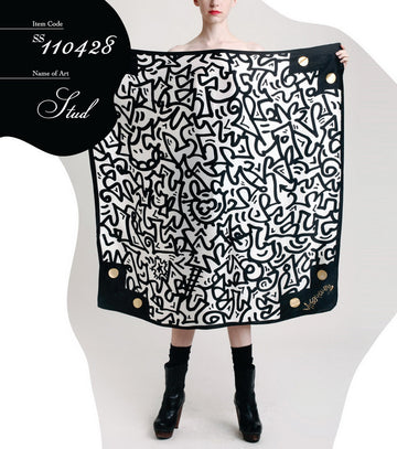 Black and white signature oversized silk scarf with gold studs