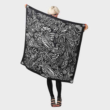 black and white hidden ram graphic silk scarf with silver foil
