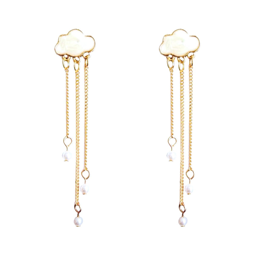 Another rainny day in Welly - Gold trimmed rain cloud Crystal / pearl drops long chain earrings