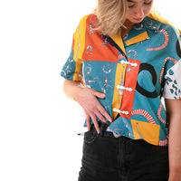 circus pattern v-neck button up shirt