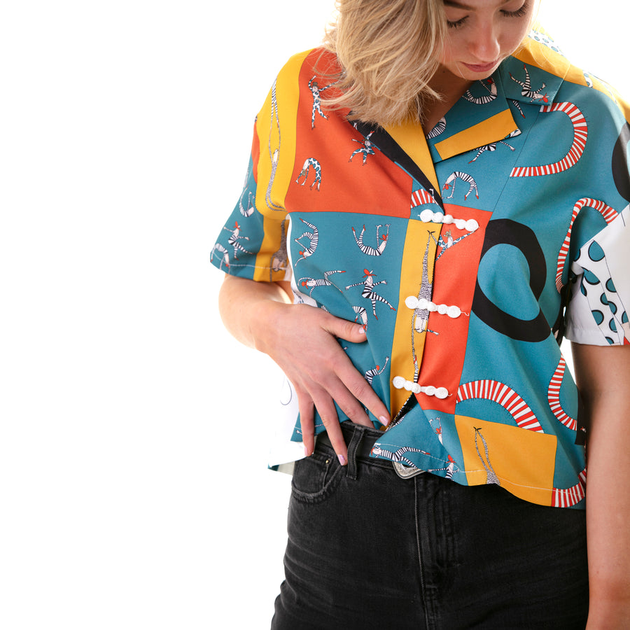 circus pattern v-neck button up shirt