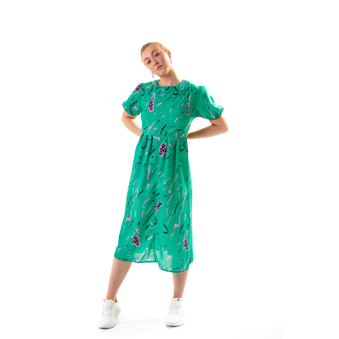 happy Green short puff sleeve doll midi dress