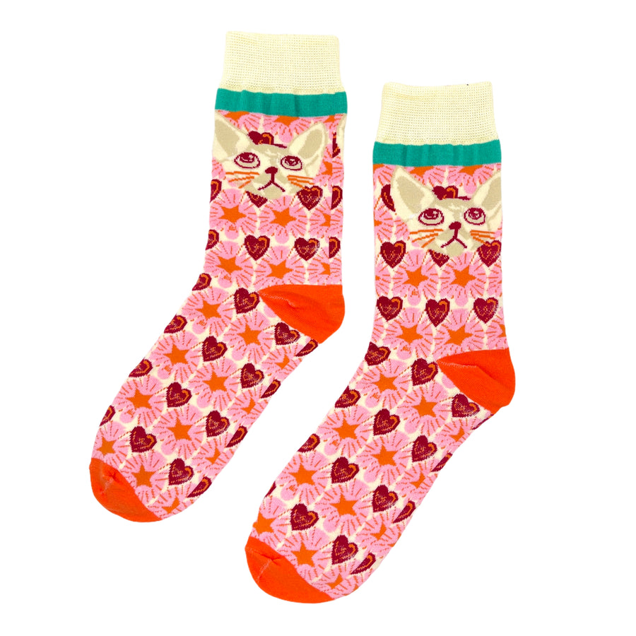 Multi colour socks with retro cat pattern