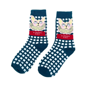 Navy check socks with King cat graphic