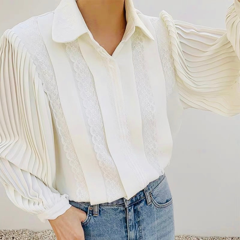 Silky pleated sleeve white shirt  with lace details