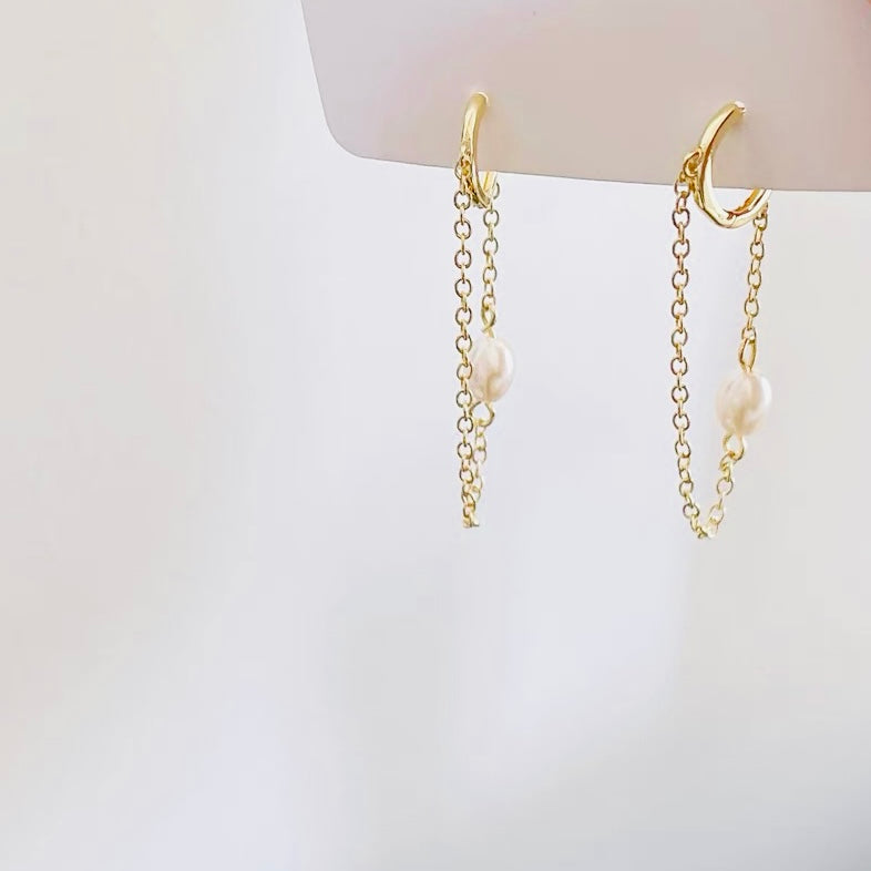 Hanging Pearl Huggie Earrings