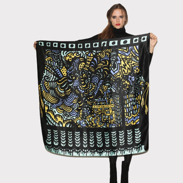 purple, blue yellow, black  oversized silk scarf